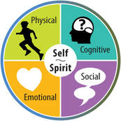 Graphic for student wellbeing (4 quadrants labeled as physical, emotional, social and cognitive with a central area labeled spirit and self) 