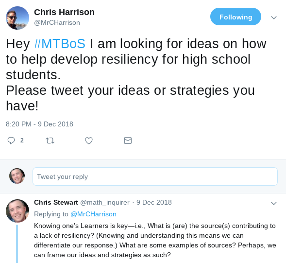Tweet by Chris Harrison to #MTBoS